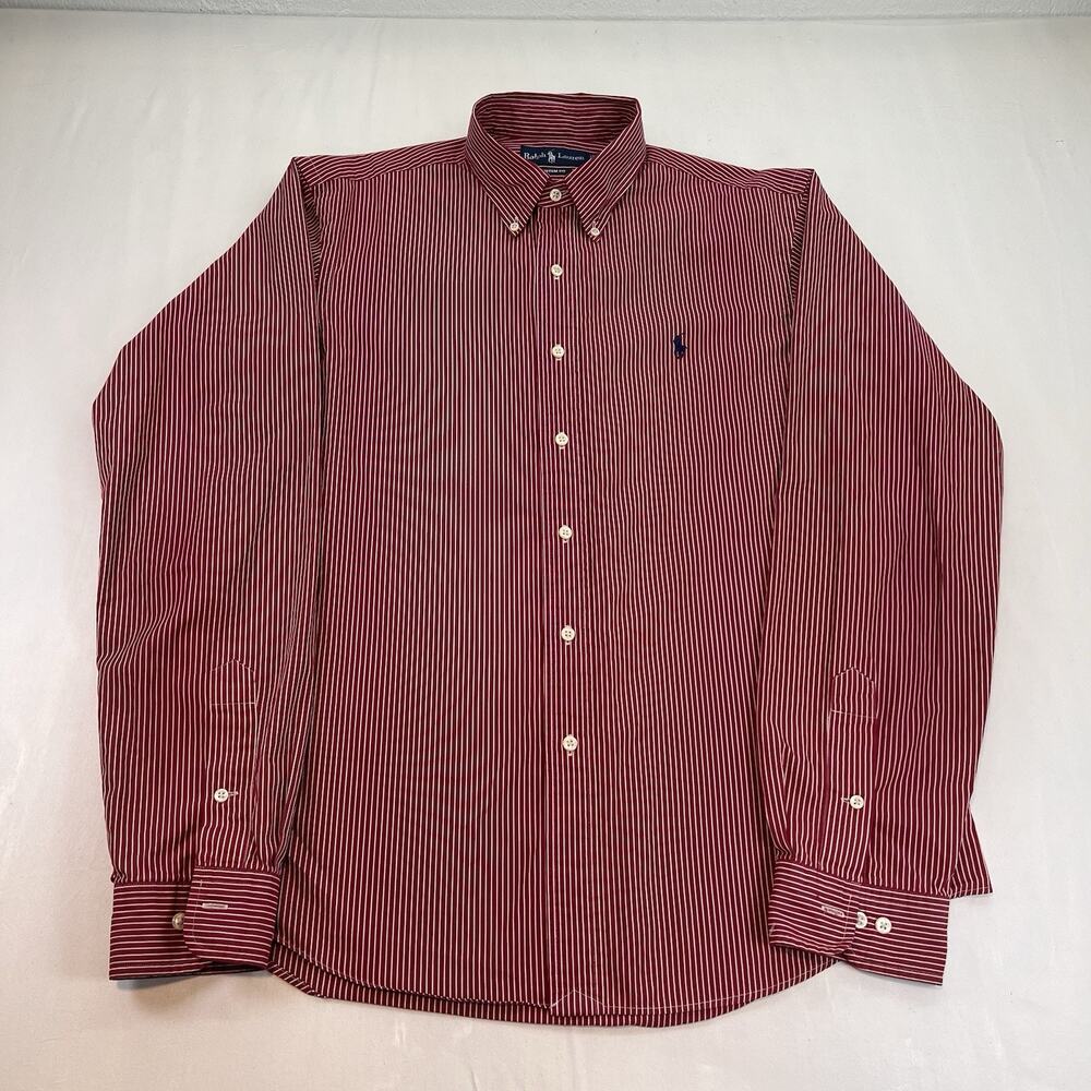 Ralph Lauren Shirt Men Sz 16 32/33 Red White Striped Custom Fit Button Down